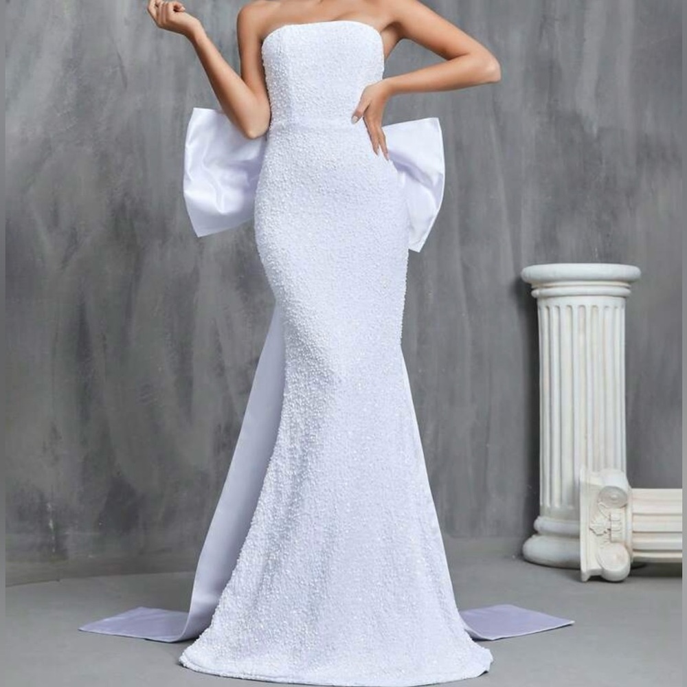 Off Shoulder Bow Back Mermaid Hem Sequin Wedding Dress